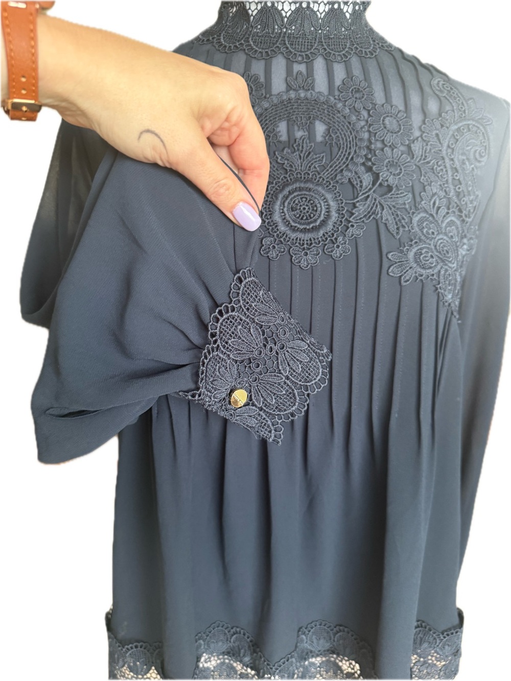 TED BAKER Lace-Yoke High Neck Blouse - Navy With Gold Button - Picture 7 of 11
